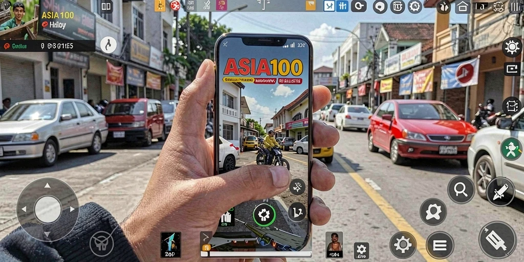 Screenshot utama ASIA100 menampilkan karakter dalam berbagai aktivitas kehidupan sehari-hari.