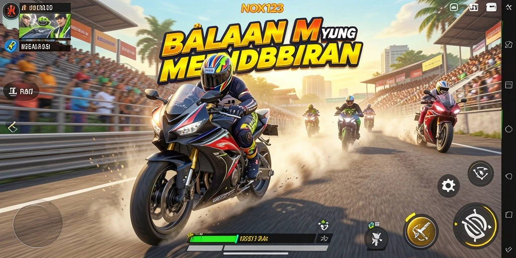 Tampilan gameplay NOX123 yang mendebarkan dalam balapan motor.