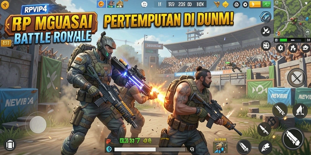 Tangkapan layar utama RPVIP4 menunjukkan aksi seru dalam pertempuran Battle Royale.