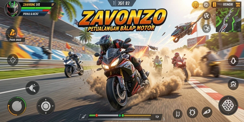 Screenshot gameplay ZAVONZO yang menampilkan balapan motor yang intens.