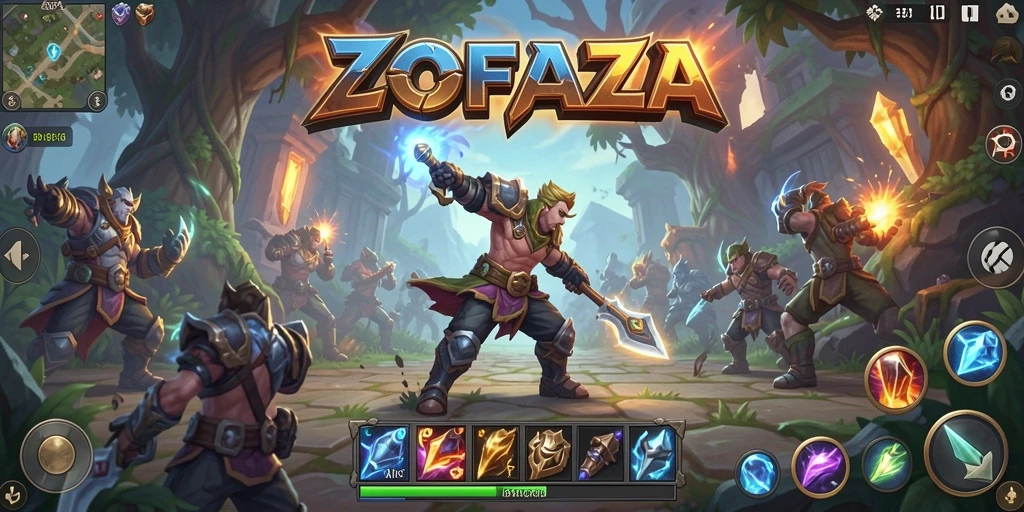 Tangkapan layar utama ZOFAZA menampilkan pertarungan epik antara karakter dan monster.